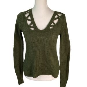 ☘️Aeropostale XS Olive Green V-Neck Knit Sweater with Metallic Threading